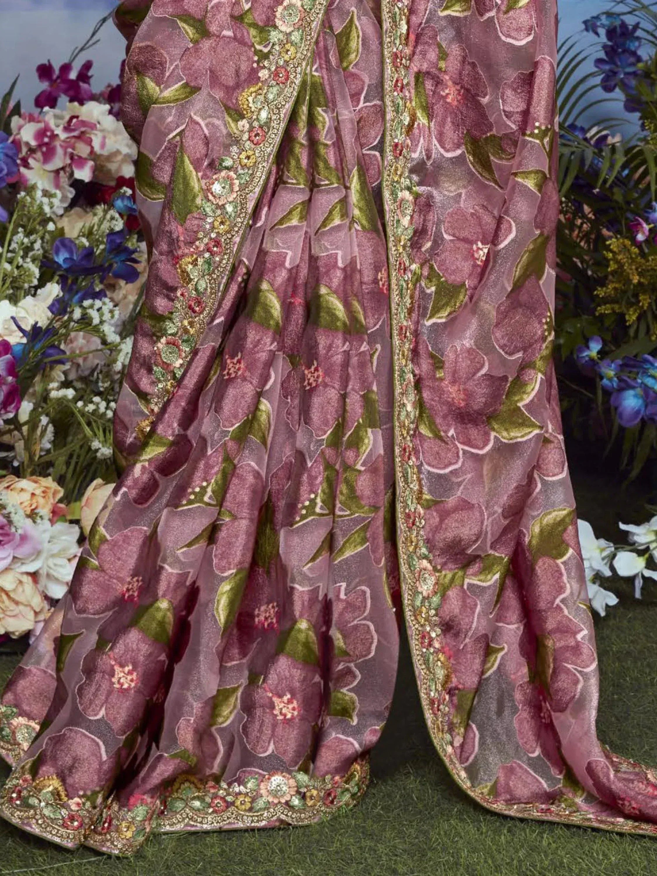 Pink floral ethnic saree with embroidered border, perfect for Indian occasions