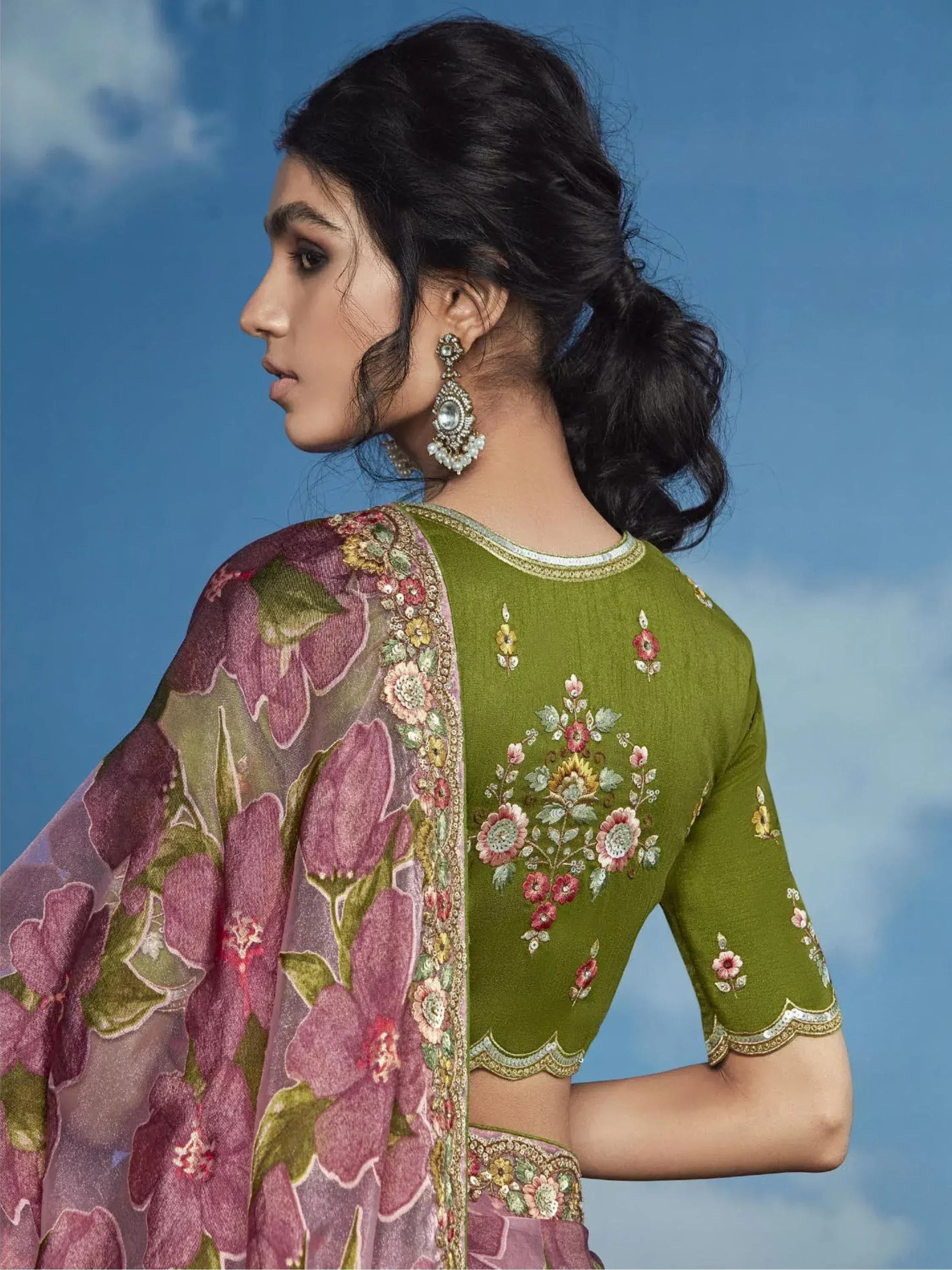 Woman in olive green embroidered blouse with floral dupatta, Indian ethnic wear