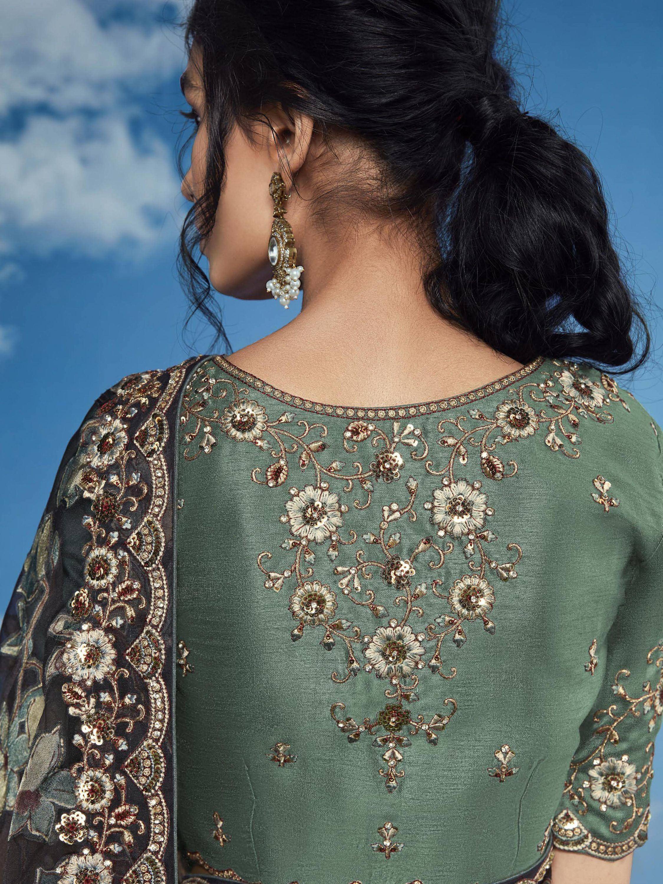 Elegant green embroidered ethnic top with floral gold detailing and matching dupatta, perfect for Indian occasions.