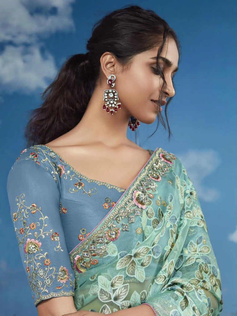 Breathtaking Sea Green Floral Brasso Wedding Wear Saree With Blouse