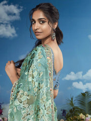Breathtaking Sea Green Floral Brasso Wedding Wear Saree With Blouse