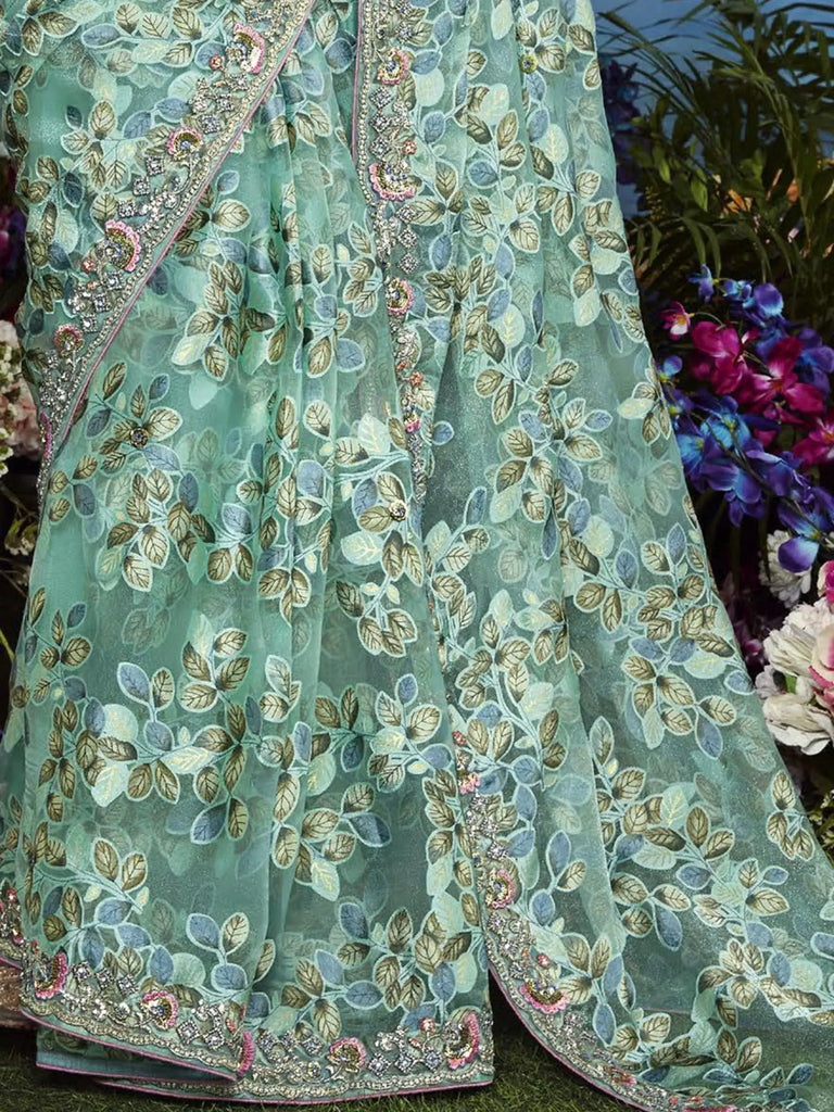 Breathtaking Sea Green Floral Brasso Wedding Wear Saree With Blouse