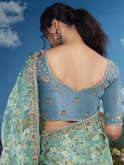 Breathtaking Sea Green Floral Brasso Wedding Wear Saree With Blouse