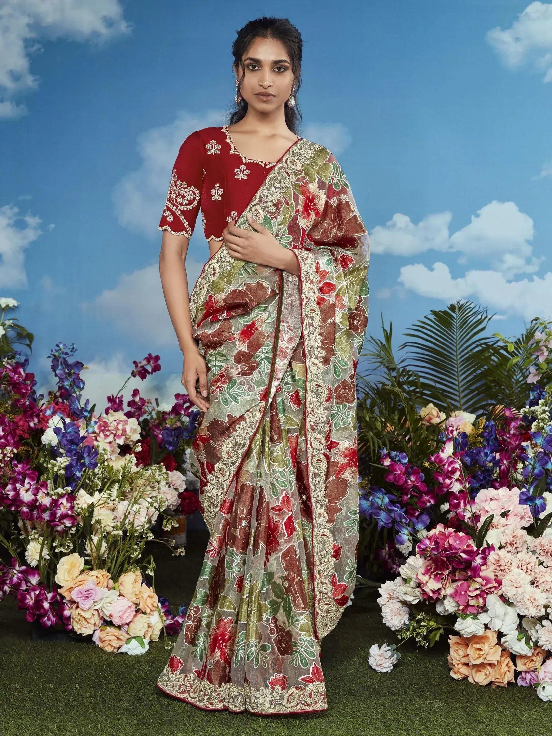 Floral print saree with red blouse, ethnic wear for women, perfect for weddings and festivals