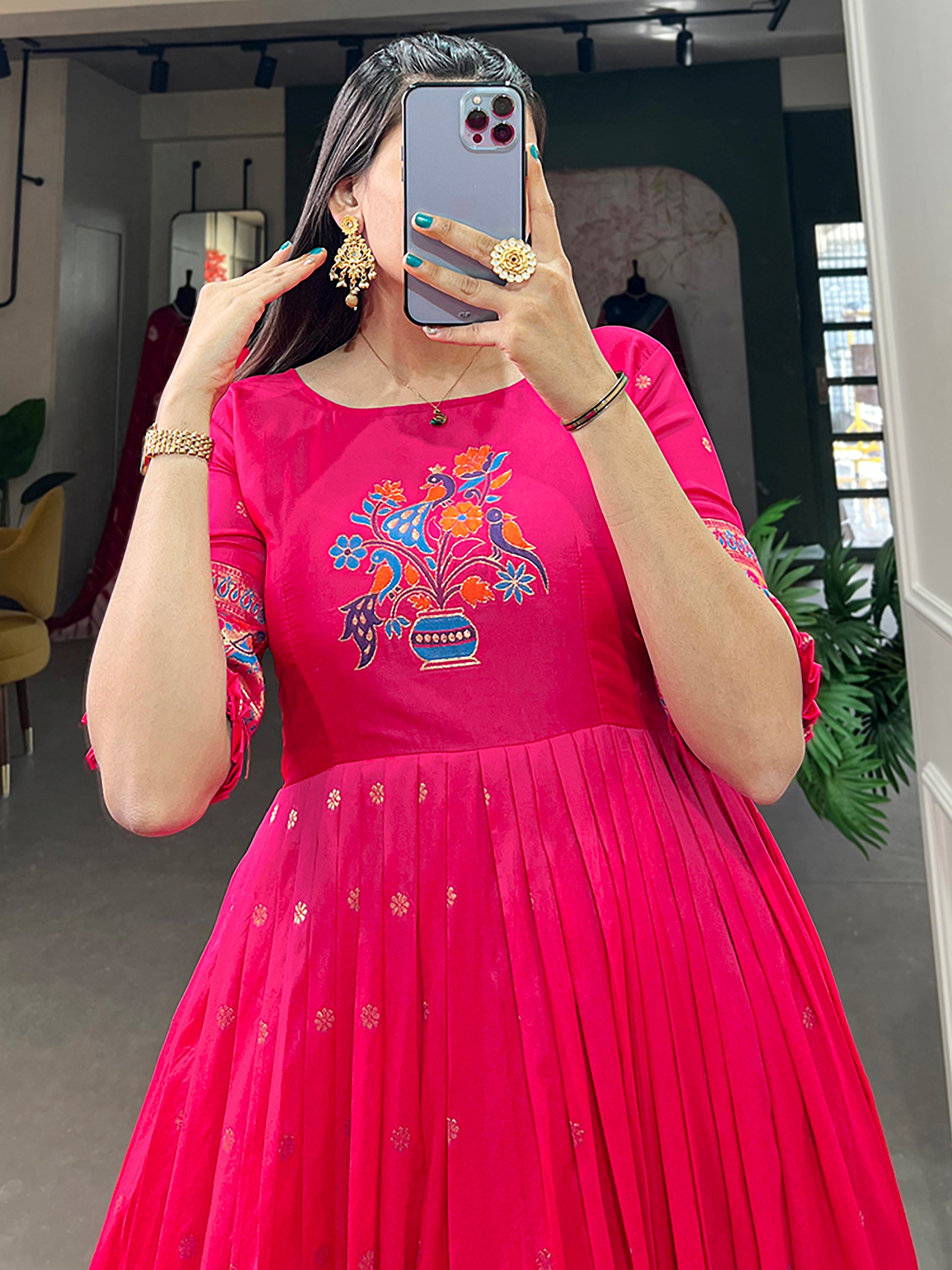Amazing Pink Zari Weaving Silk Marriage Wear Gown
