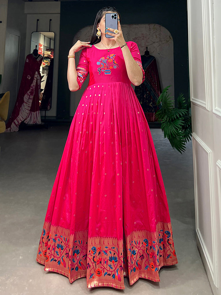 Amazing Pink Zari Weaving Silk Marriage Wear Gown