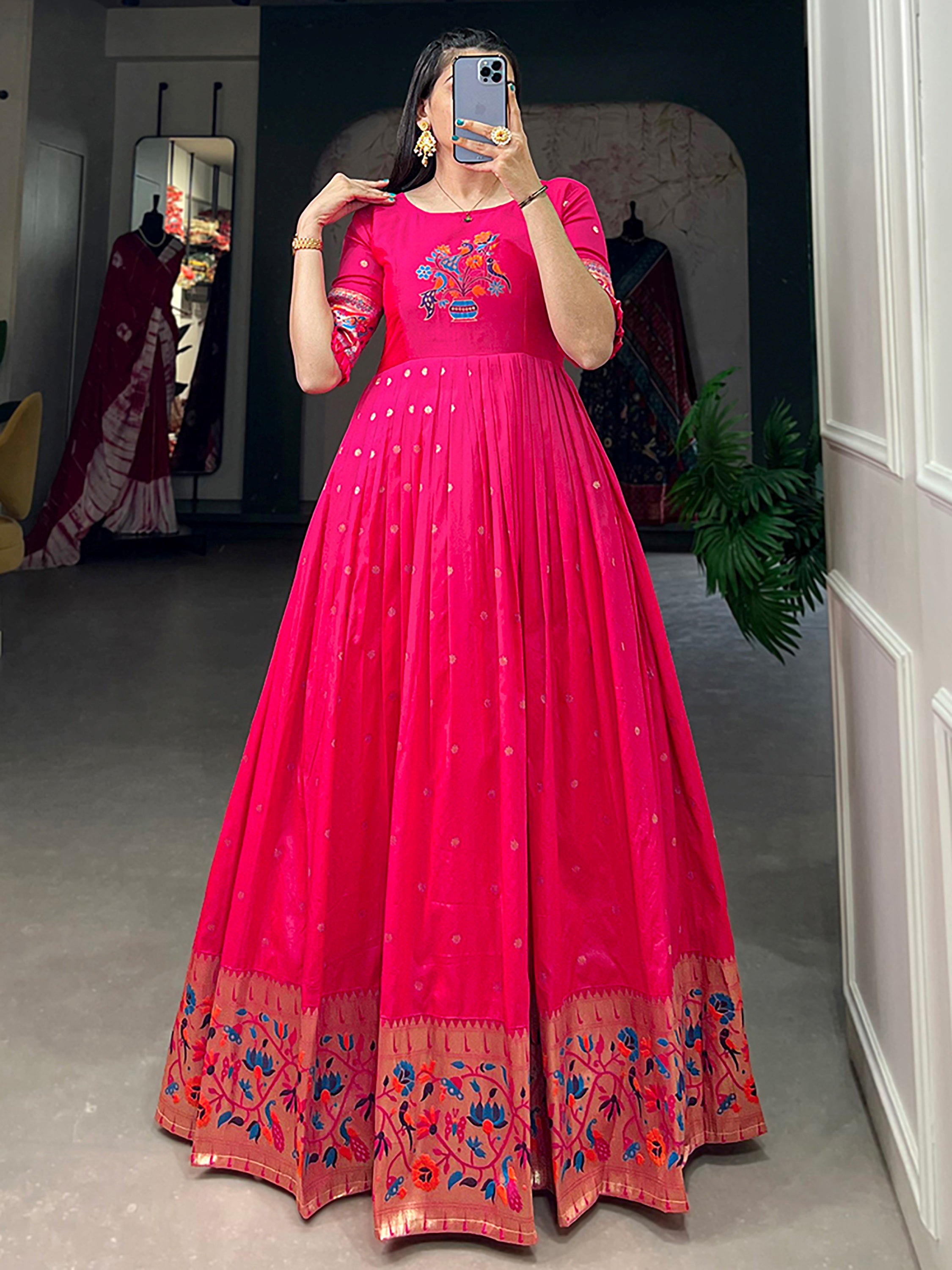 Amazing Pink Zari Weaving Silk Marriage Wear Gown