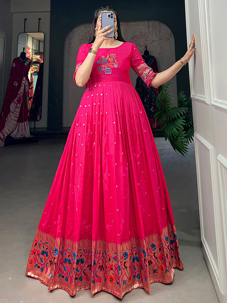 Amazing Pink Zari Weaving Silk Marriage Wear Gown