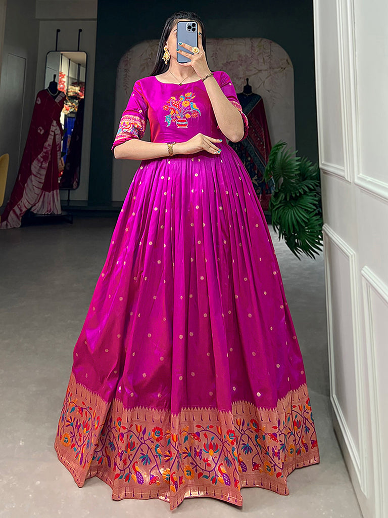 Gorgeous Purple Zari Weaving Silk Festive Wear Gown