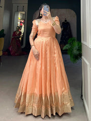 Wonderful Peach Zari Weaving Organza Festival Wear Gown