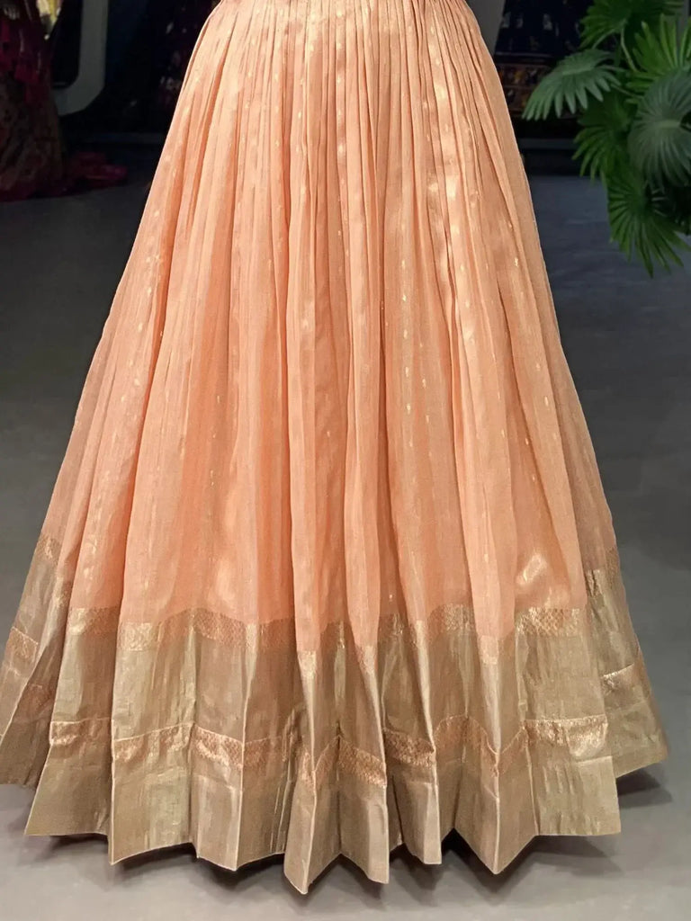 Wonderful Peach Zari Weaving Organza Festival Wear Gown