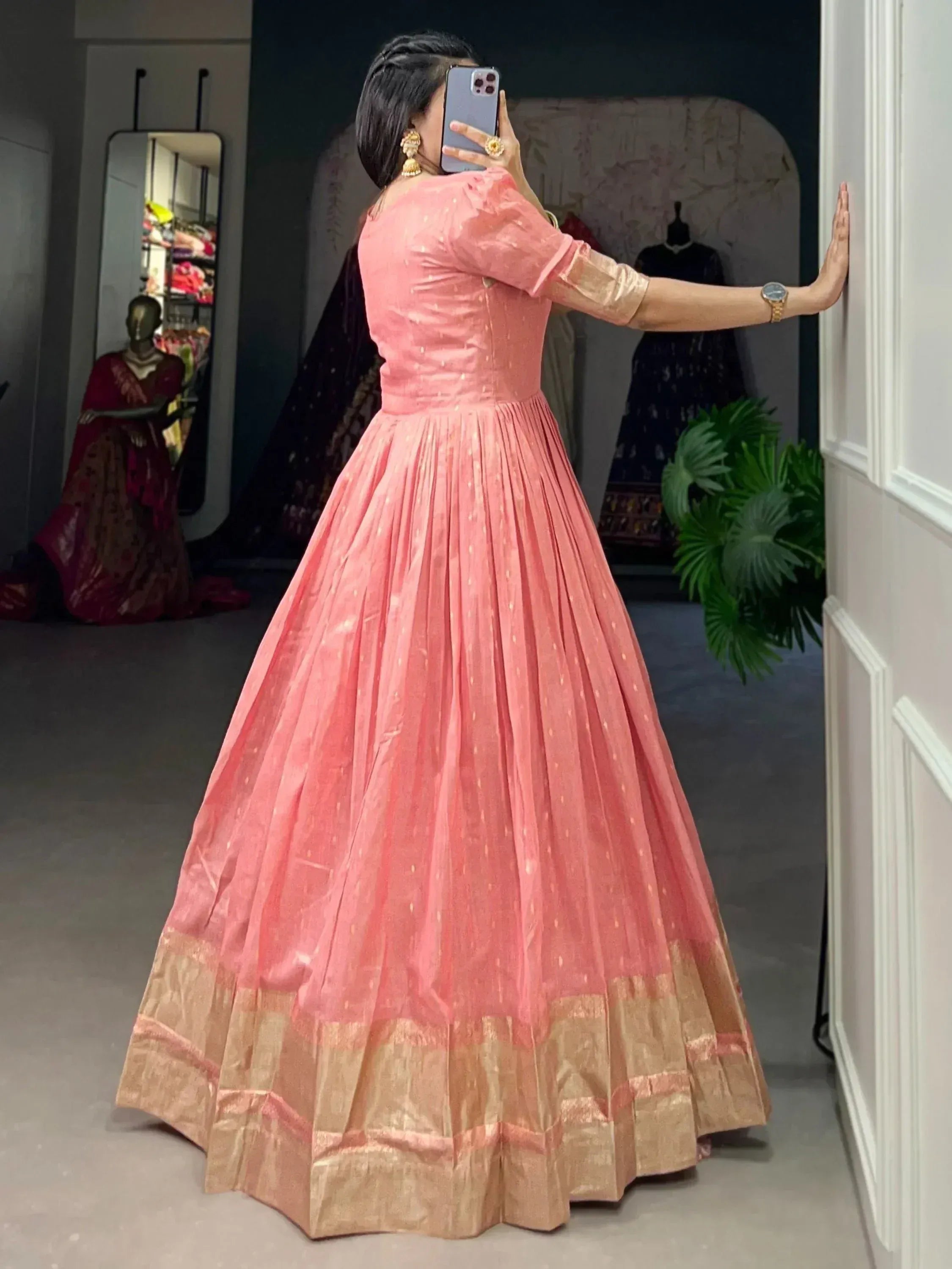 Pink designer lehenga choli with gold border, ethnic wear for women