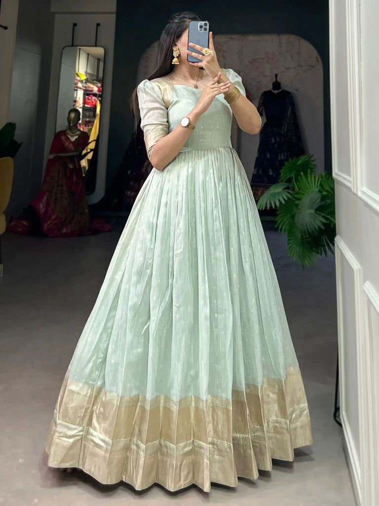 Astonishing Sky-Blue Zari Weaving Organza Event Wear Gown