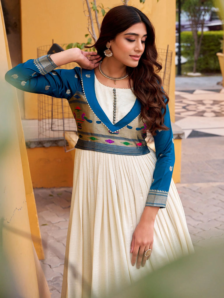 Order Off White Zari Weaving Silk Festival Wear Gown From Ethnic Plus