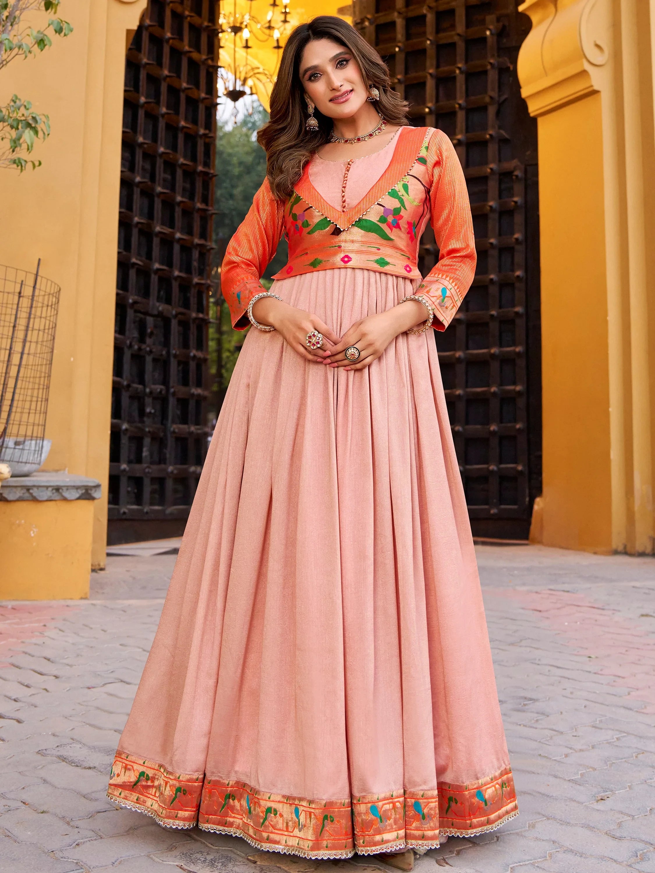 Captivating Peach Zari Work Silk Engagement Wear Gown