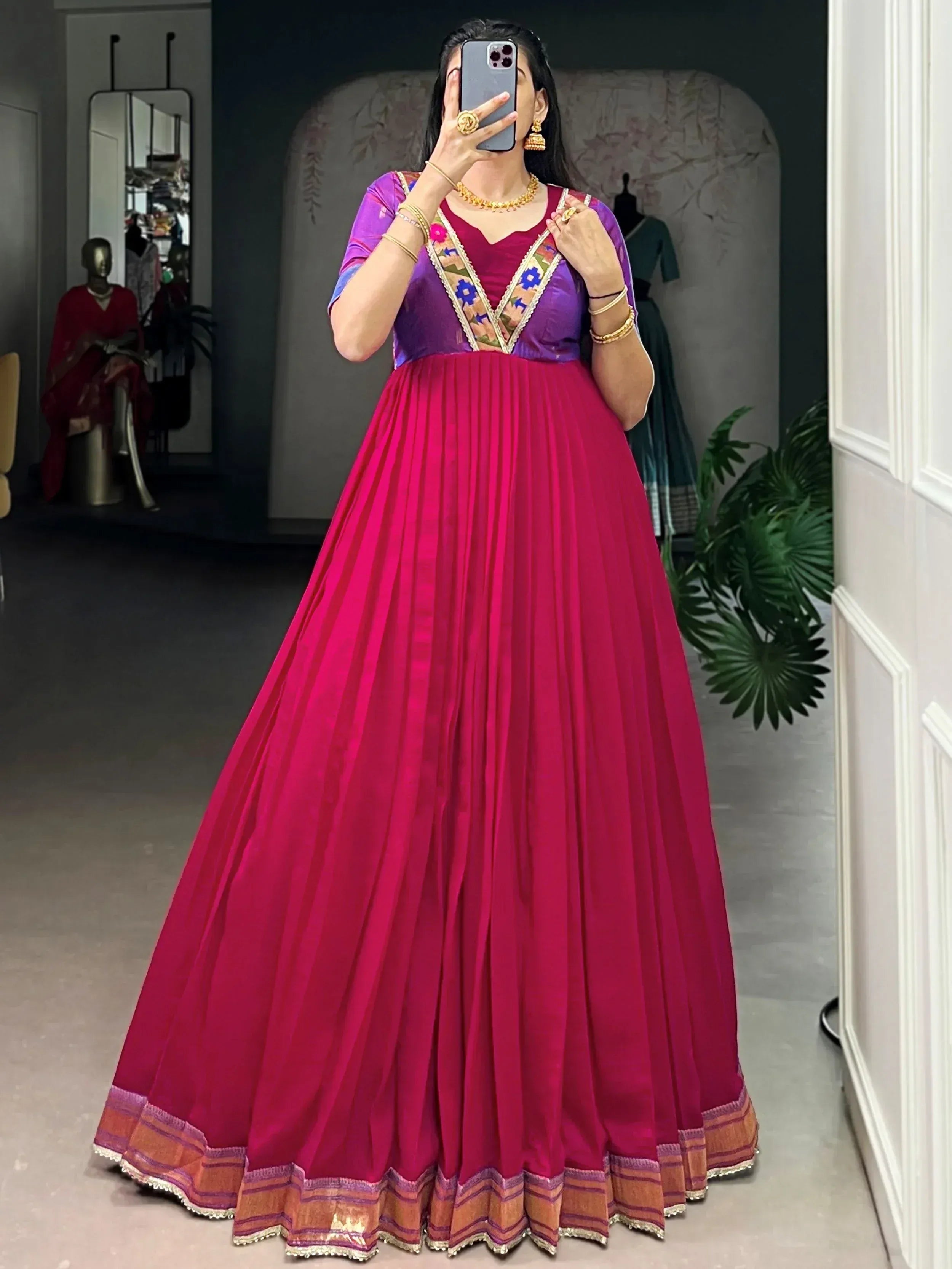 Sparkling Pink Zari Weaving Silk Wedding Wear Gown