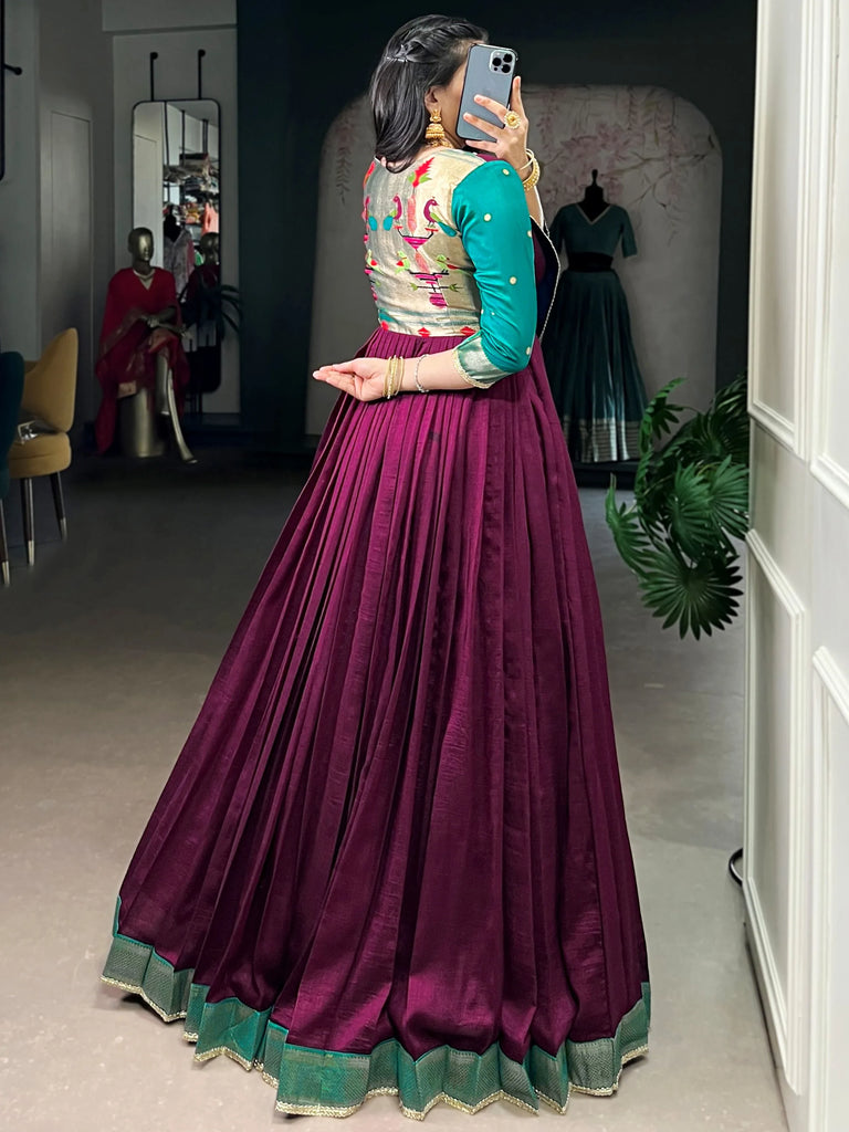 Fantastic Wine Zari Weaving Silk Function Wear Gown