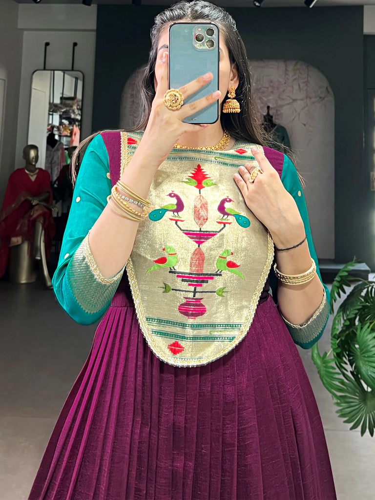 Fantastic Wine Zari Weaving Silk Function Wear Gown