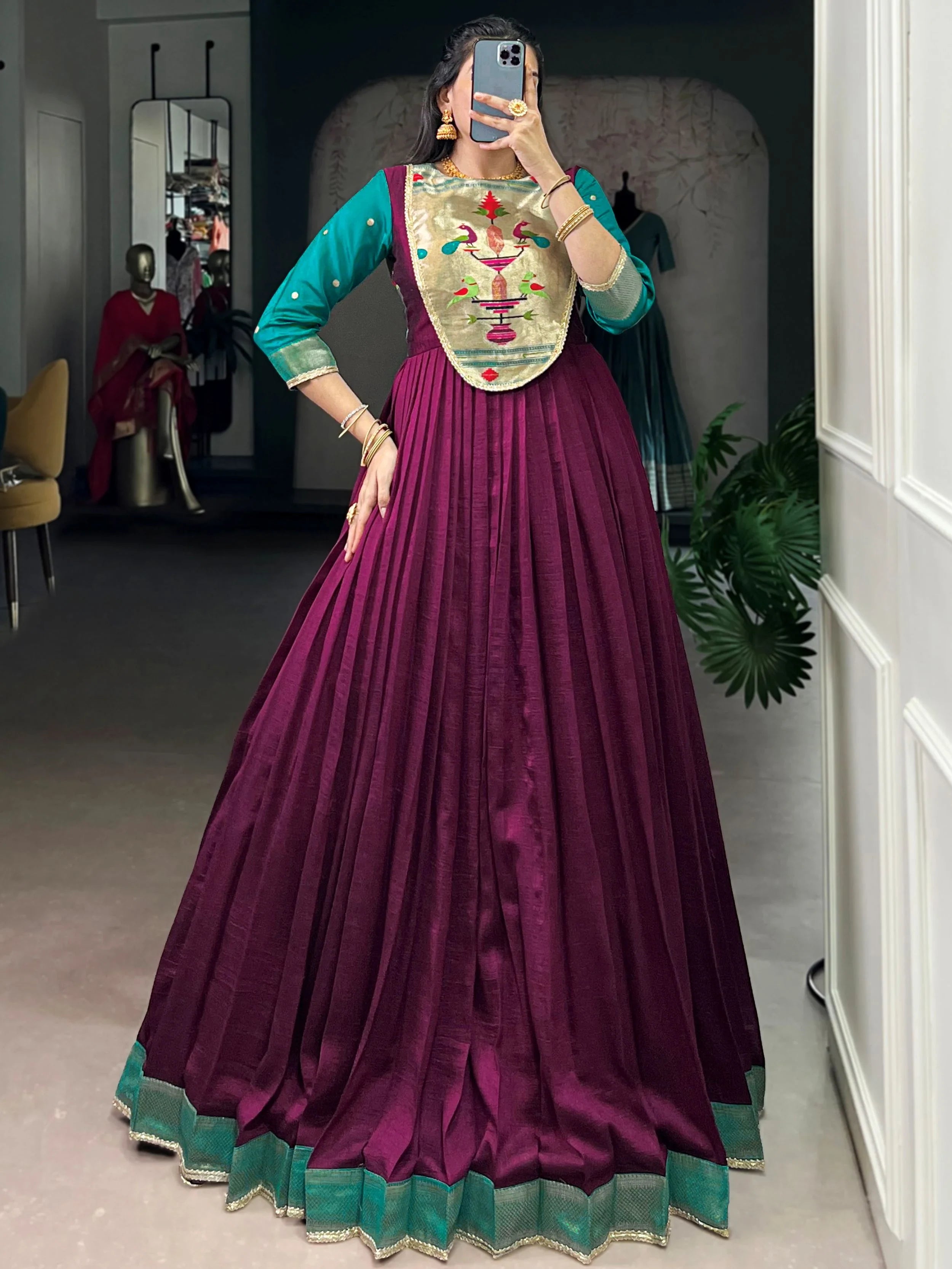 Fantastic Wine Zari Weaving Silk Function Wear Gown