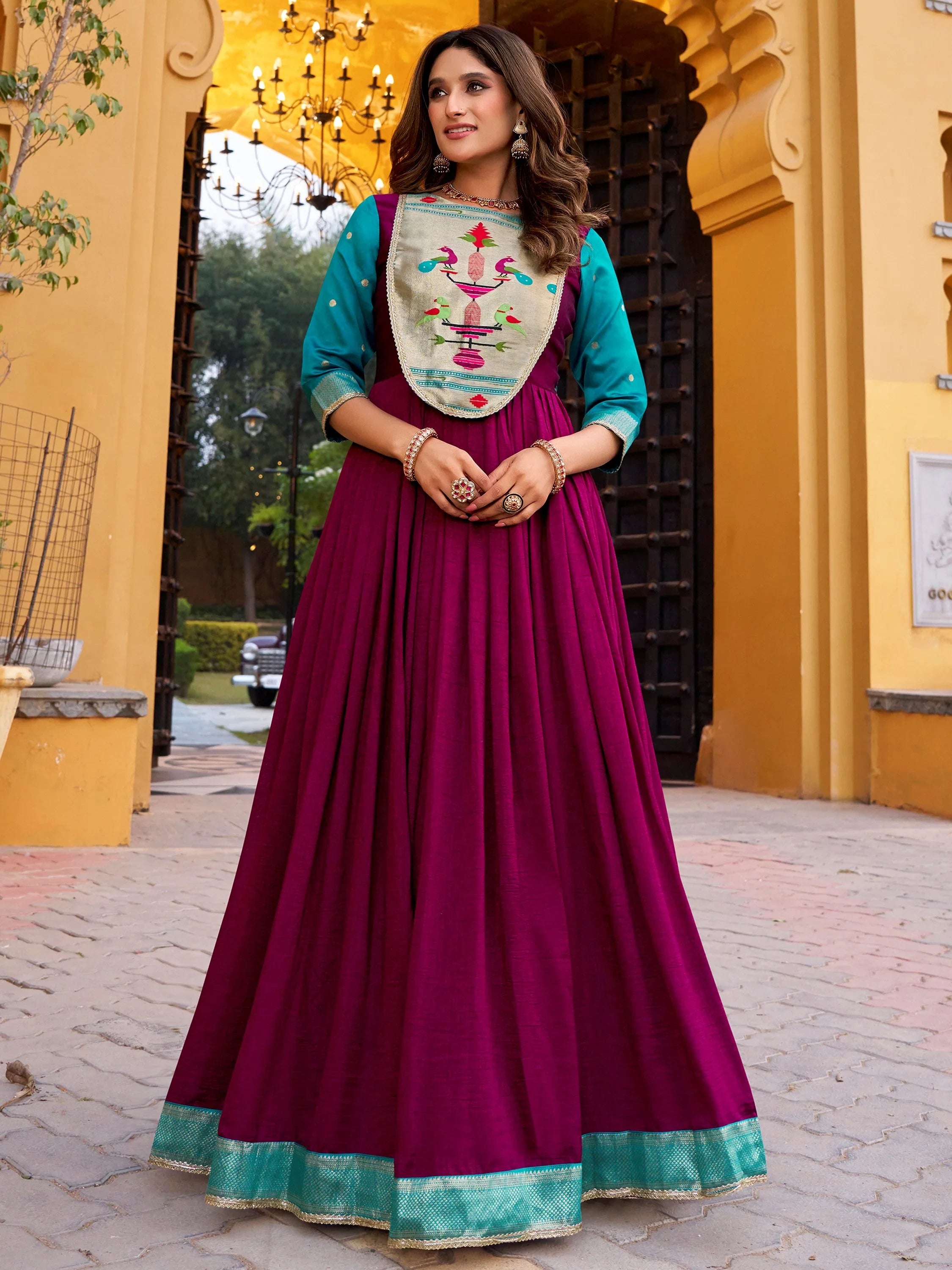 Marvelous Wine Zari Weaving Silk Wedding Wear Gown