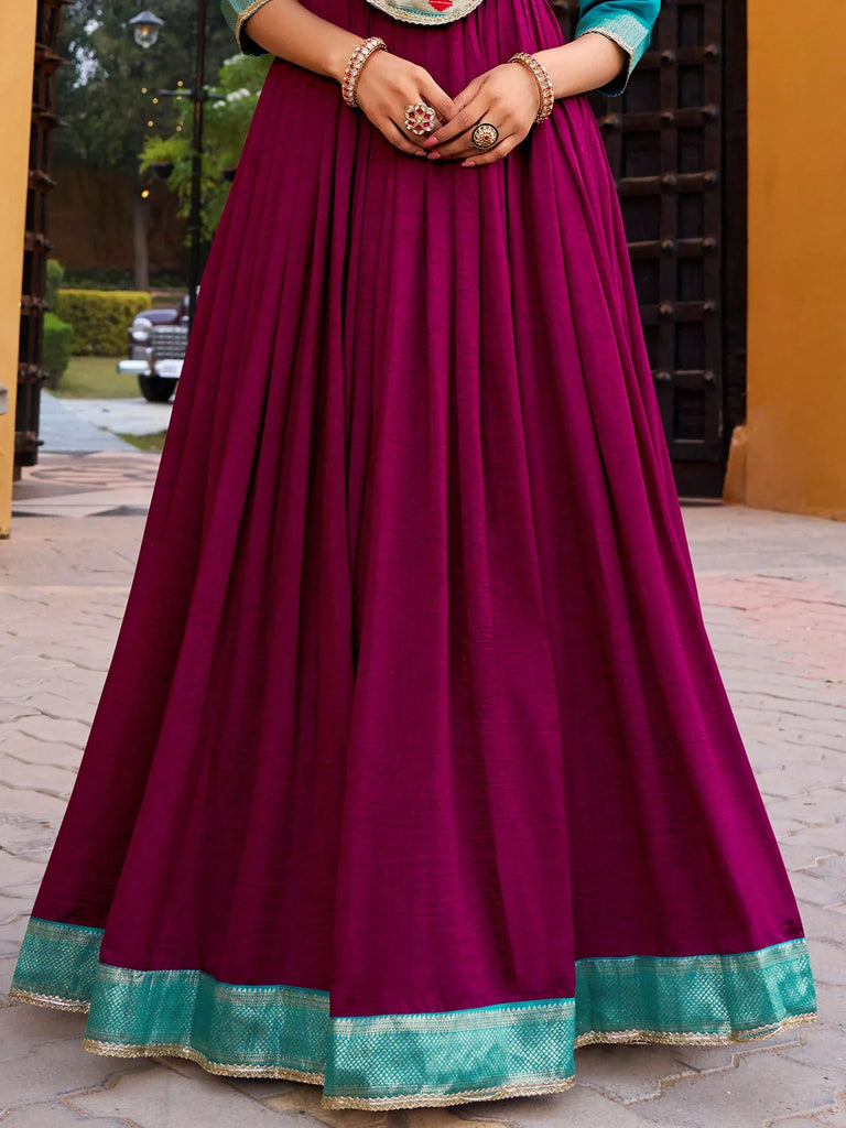 Marvelous Wine Zari Weaving Silk Wedding Wear Gown