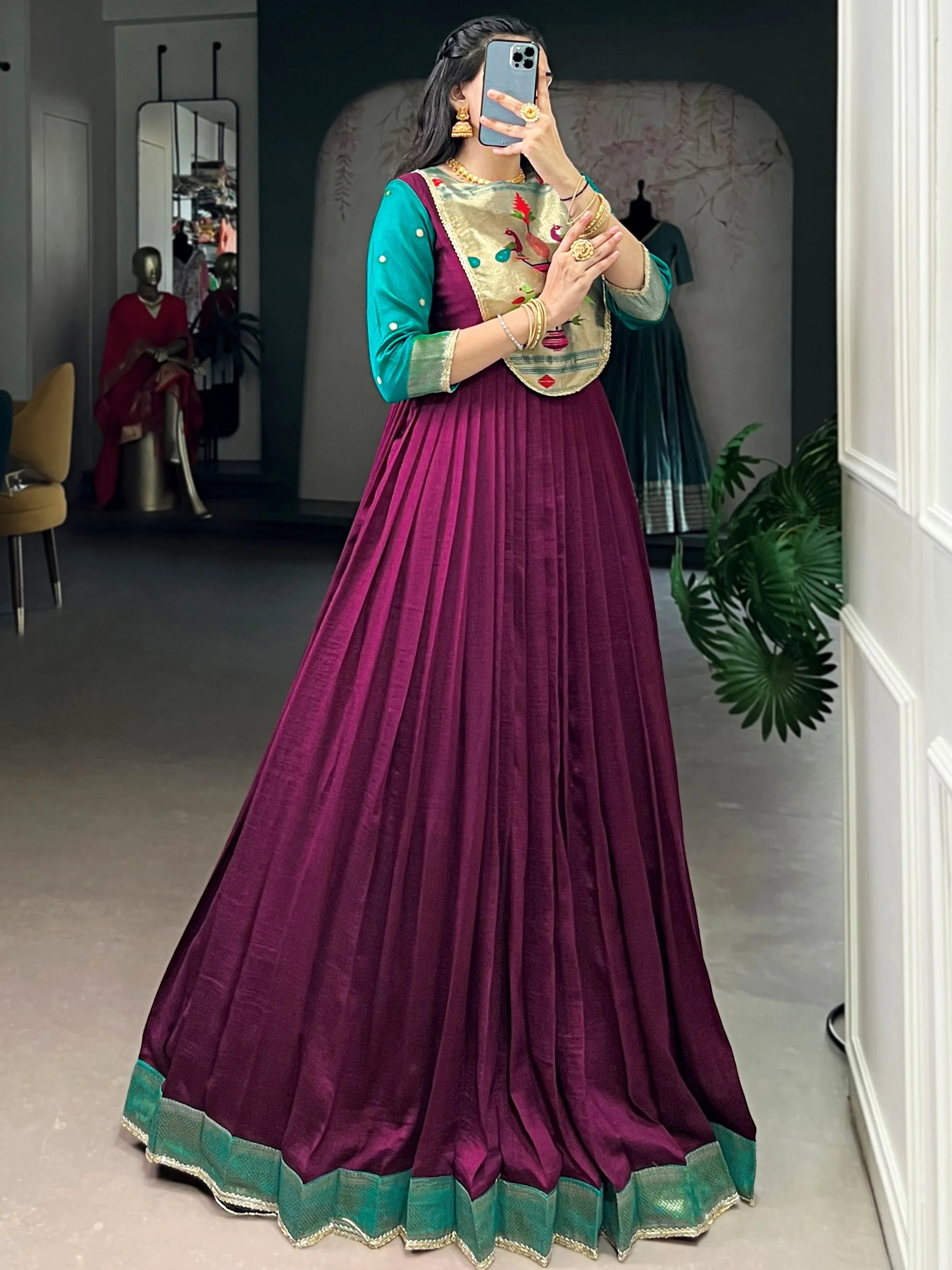Fantastic Wine Zari Weaving Silk Function Wear Gown
