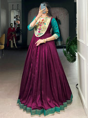 Fantastic Wine Zari Weaving Silk Function Wear Gown