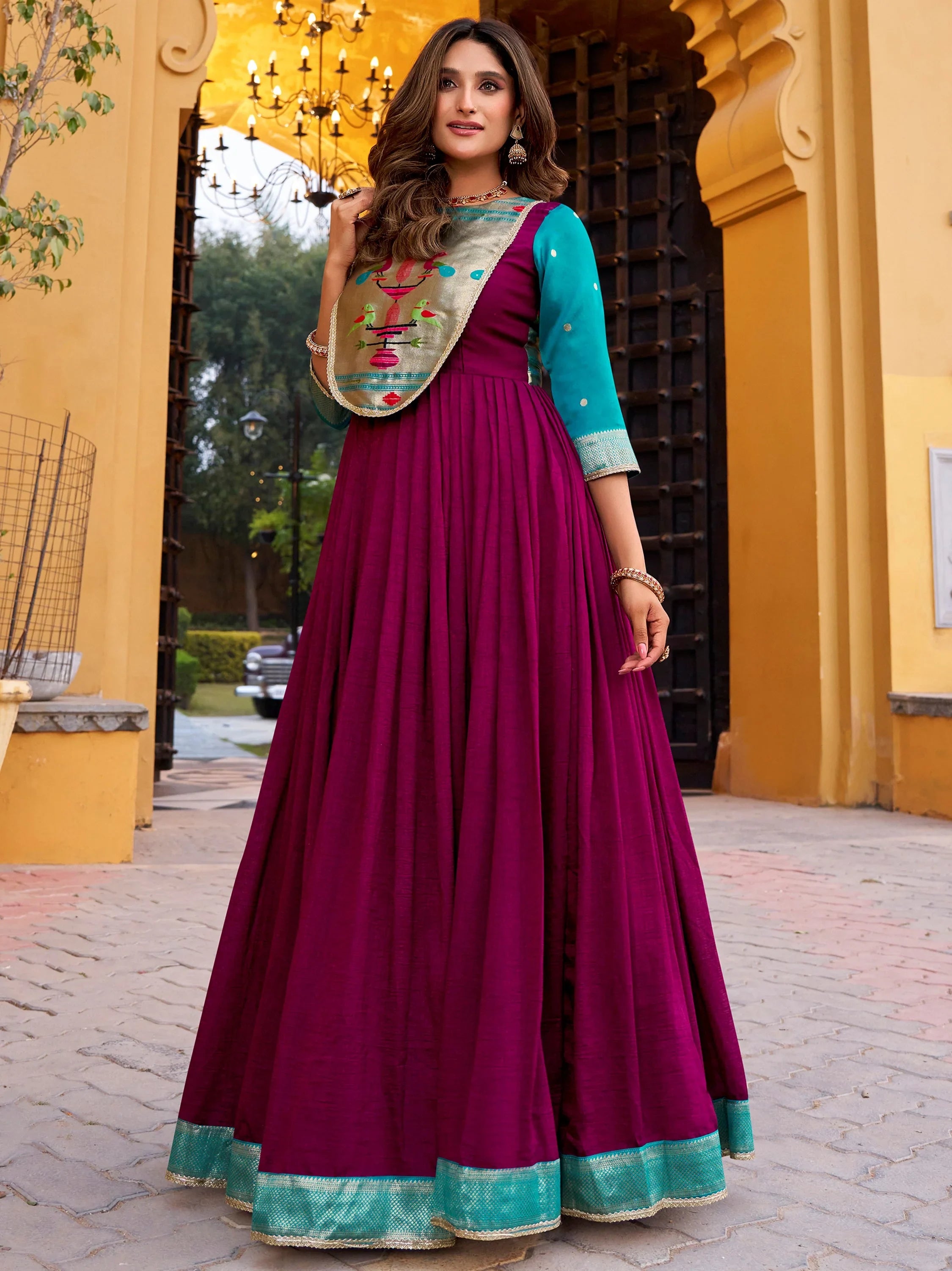 Marvelous Wine Zari Weaving Silk Wedding Wear Gown