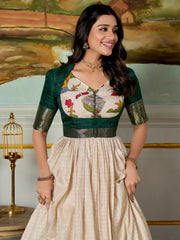 Adorable Green Dola Silk Kalamkari Print Festive Wear Gown With Jacket