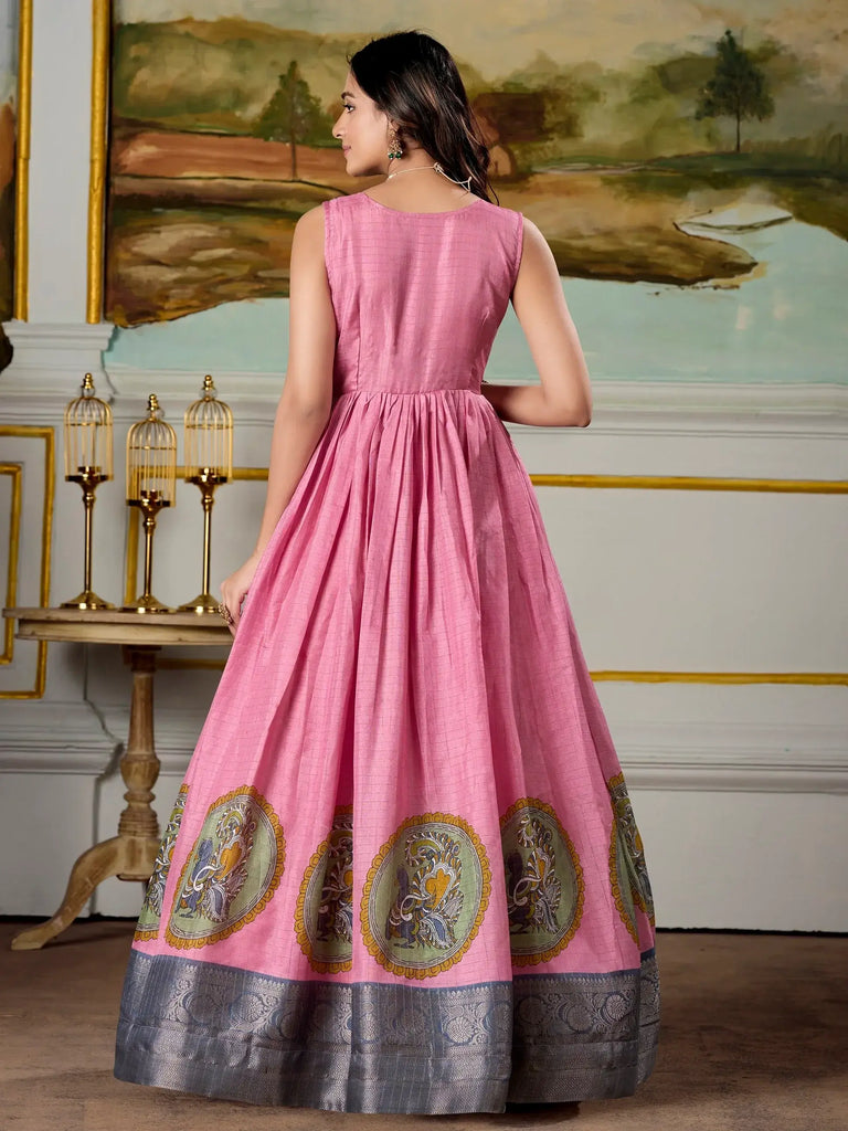 Pretty Pink Dola Silk Festive Wear Gown With Zari Weaving Jacket