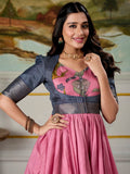 Pretty Pink Dola Silk Festive Wear Gown With Zari Weaving Jacket