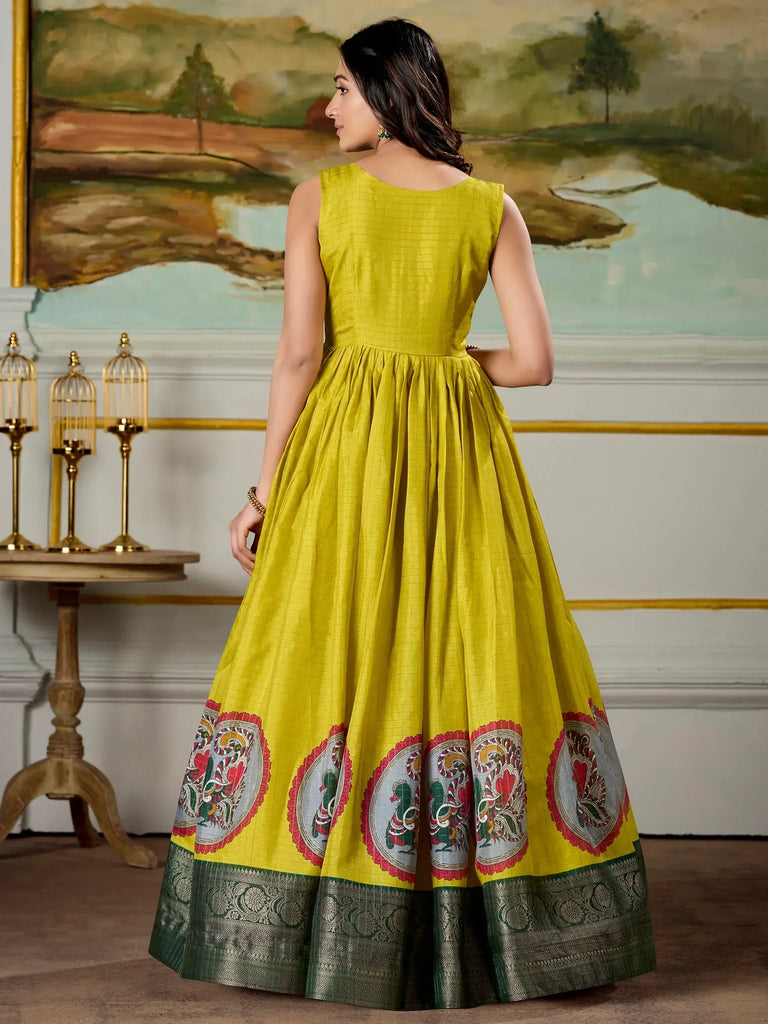 Marvelous Parrot Green Dola Silk Digital Print Event Wear Gown With Jacket