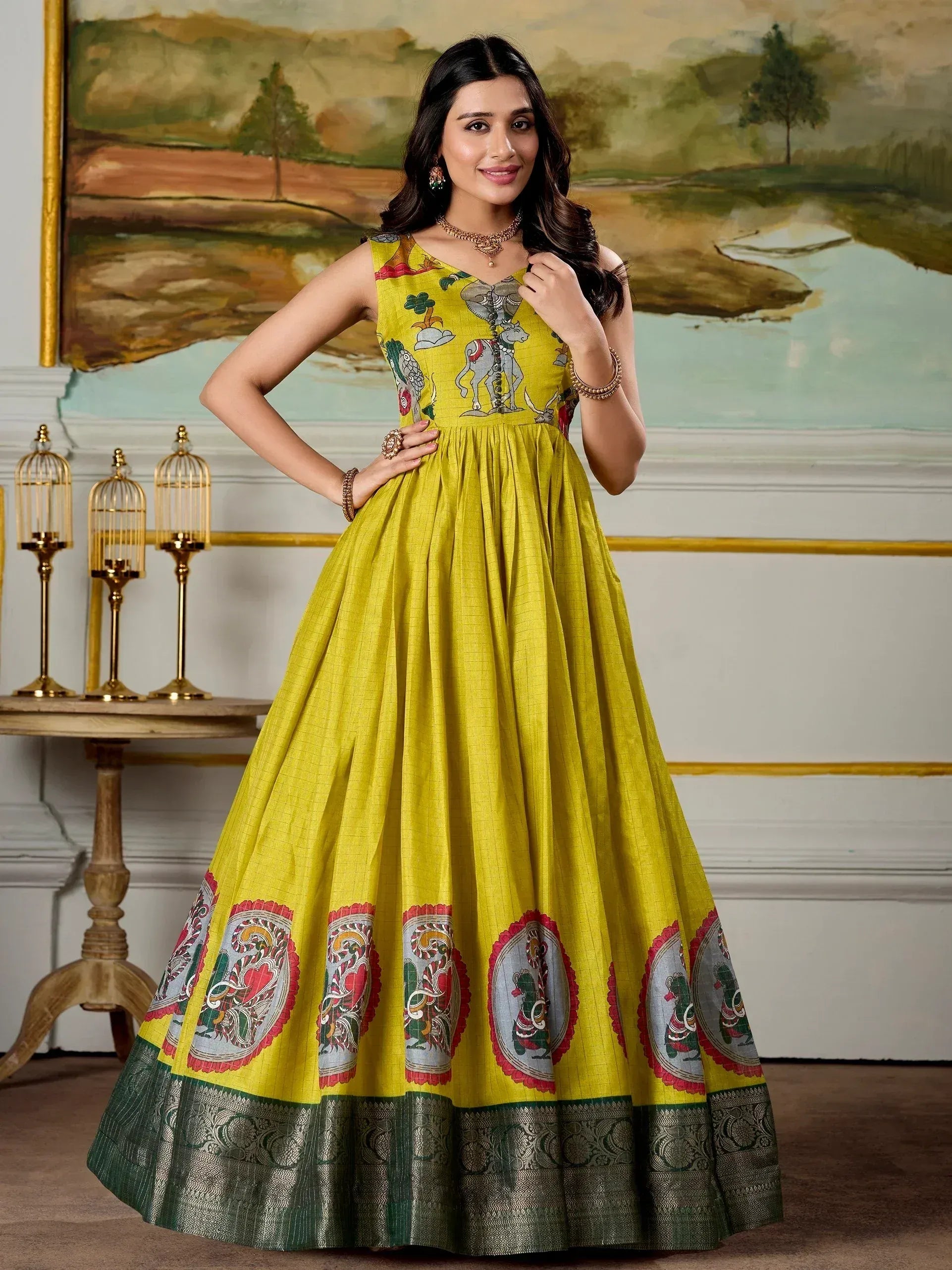 Yellow ethnic gown with elephant print and border, Indian designer wear for women