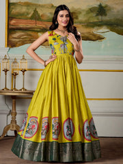 Marvelous Parrot Green Dola Silk Digital Print Event Wear Gown With Jacket