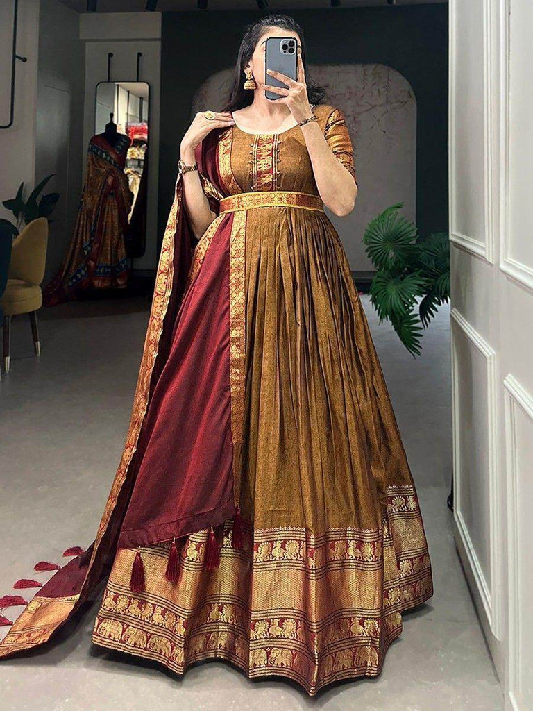 Fantastic Brown Zari Weaving Cotton Event Wear Gown With Dupatta
