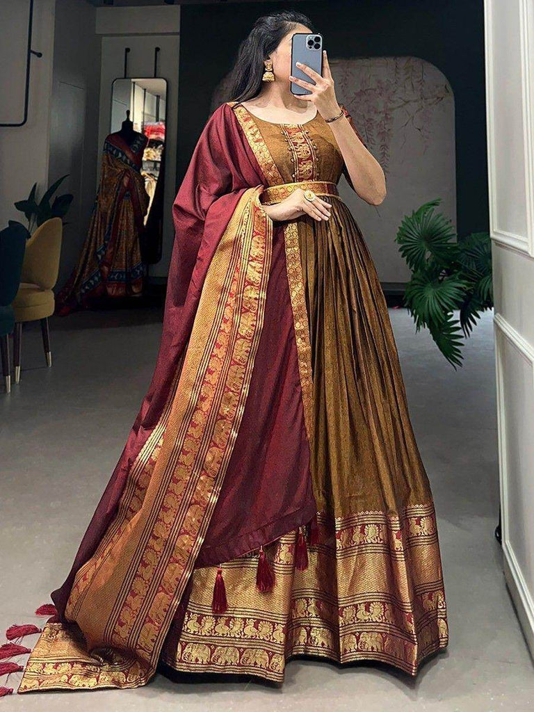 Fantastic Brown Zari Weaving Cotton Event Wear Gown With Dupatta