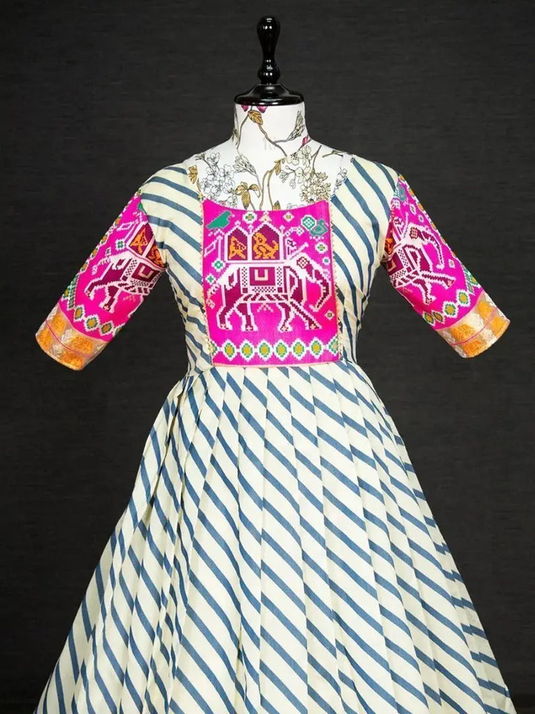 Awesome White And Pink Zari Weaving Jacquard Ready-Made Gown