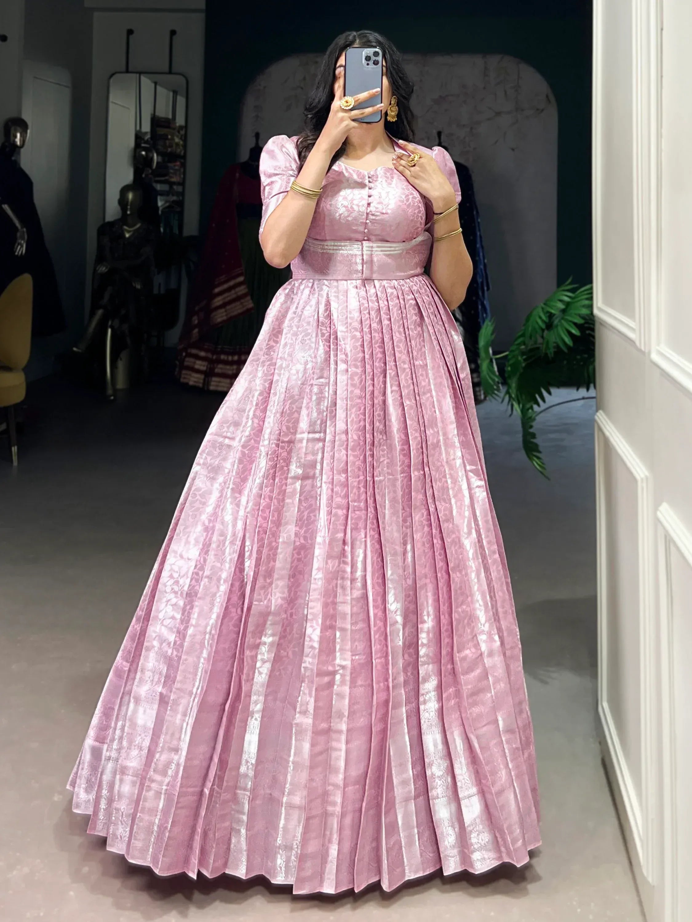 Charming Baby Pink Zari Weaving Silk Wedding Wear Gown With Koti