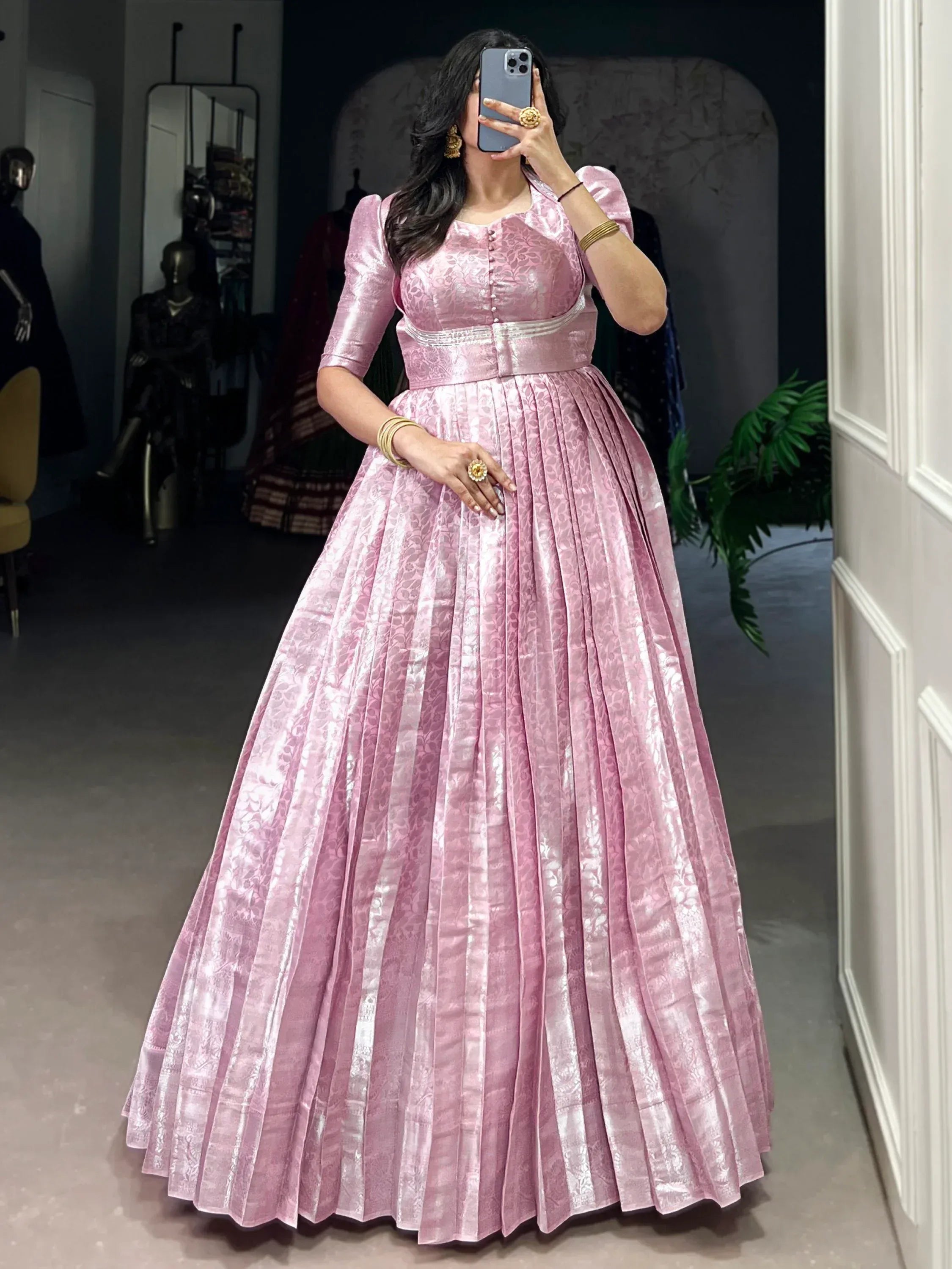 Charming Baby Pink Zari Weaving Silk Wedding Wear Gown With Koti