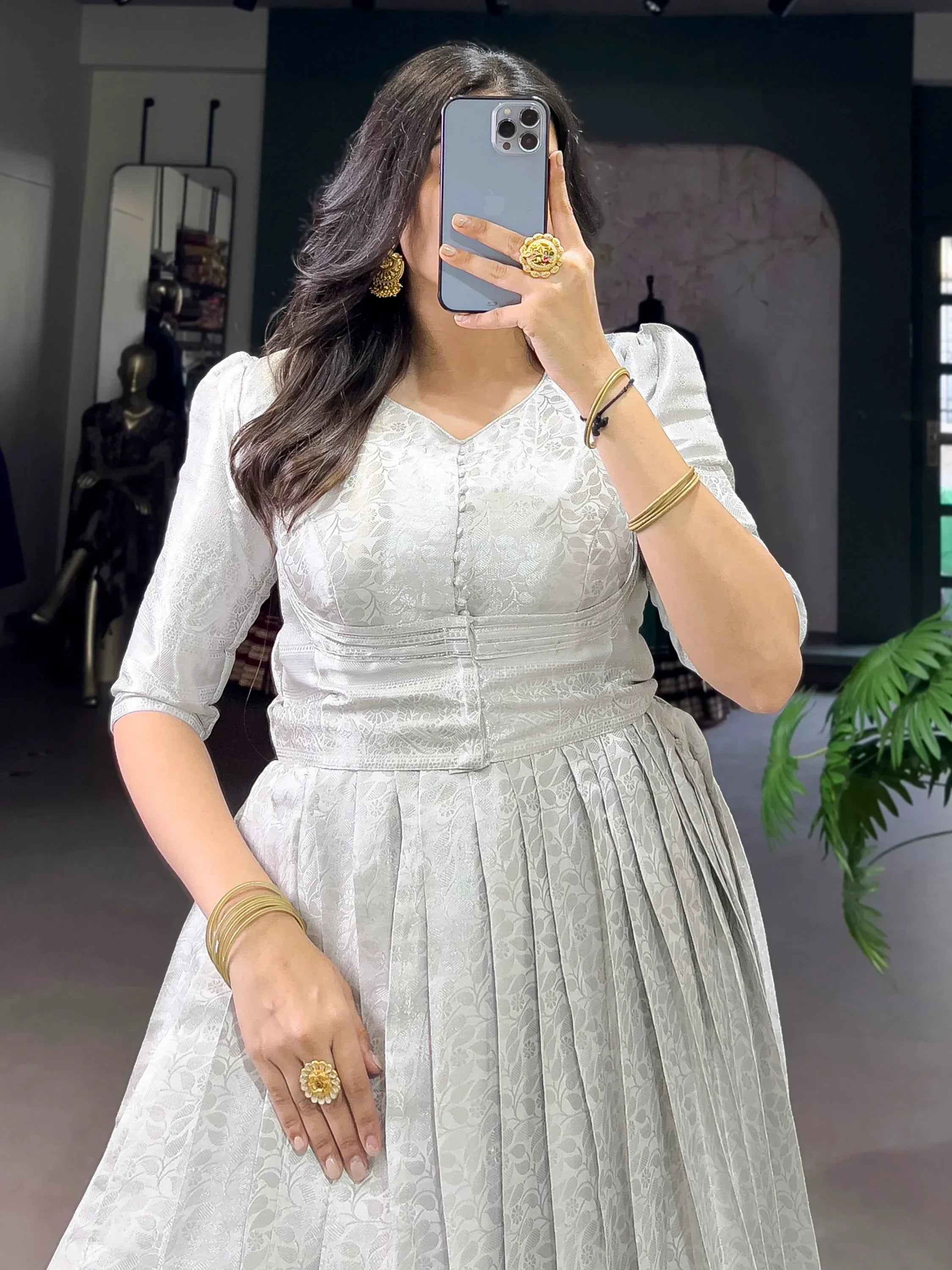 Awesome Off-White Zari Weaving Silk Festive Wear Gown With Koti