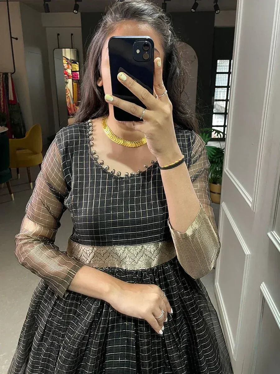 Black and gold checkered ethnic gown with sheer sleeves and embellished neckline for women