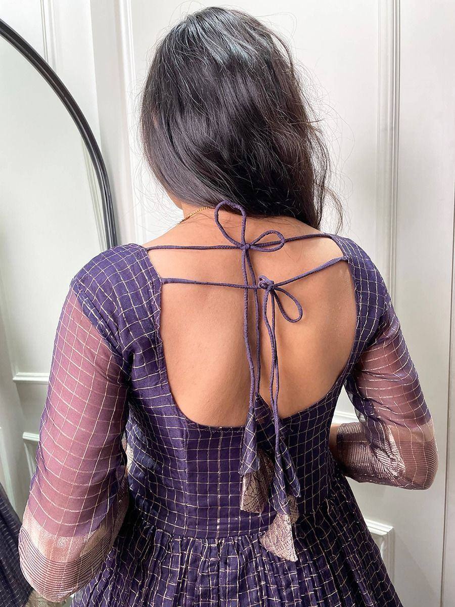 Purple grid print ethnic gown with back tie-up detail and sheer sleeves