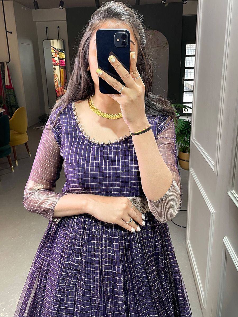 Purple checkered ethnic gown with sheer sleeves, perfect for Indian occasions