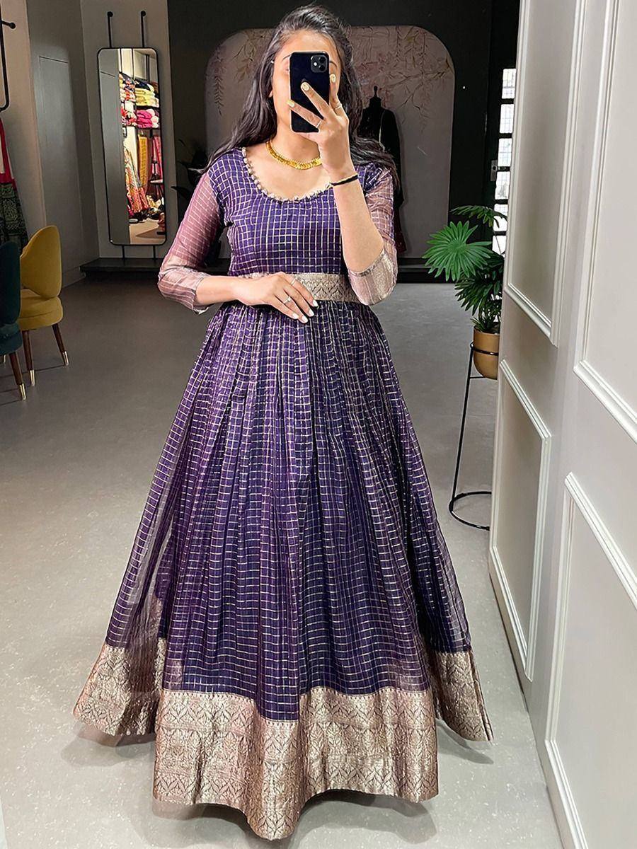 Purple checkered ethnic gown with gold border, perfect for Indian festive occasions and weddings