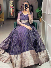 Spectacular Eggplant Purple Zari Weave Organza Festival Wear Gown