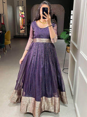 Spectacular Eggplant Purple Zari Weave Organza Festival Wear Gown