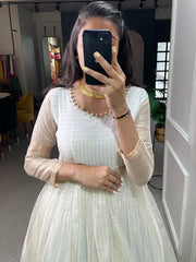 Amazing Pearl White Zari Weave Organza Festival Wear Gown