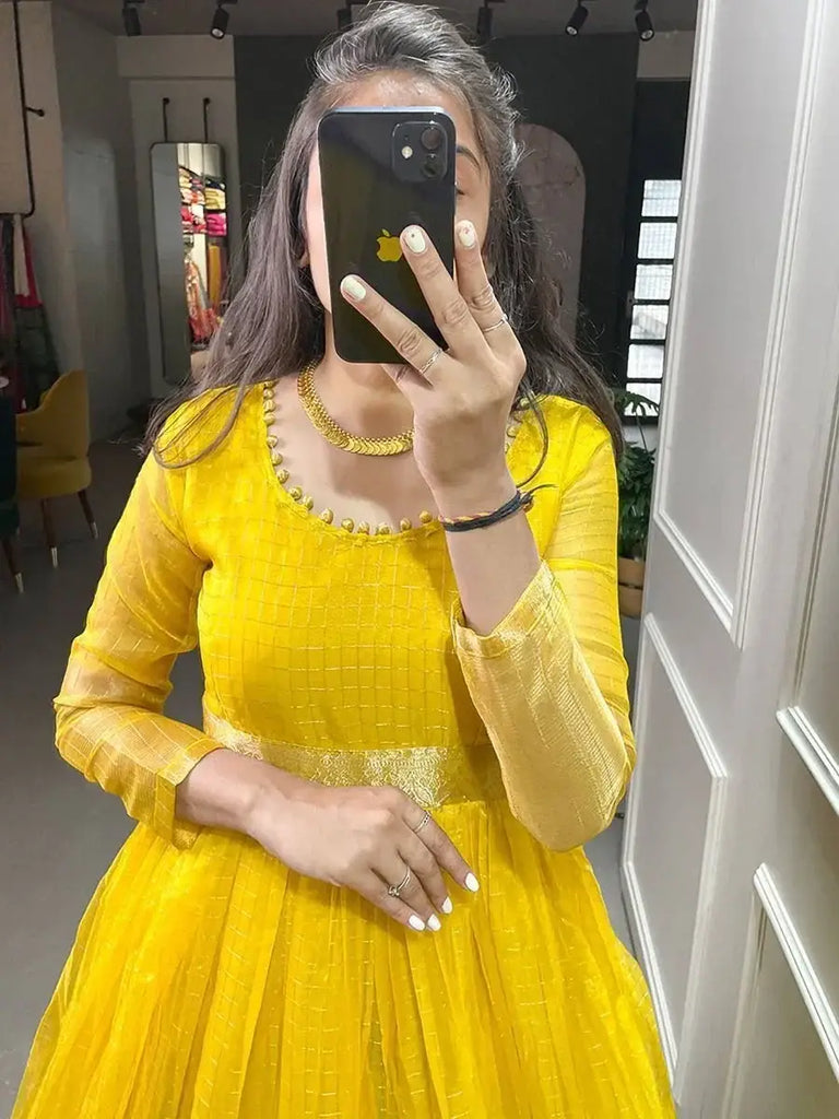 Impressive Sunshine Yellow Zari Weave Organza Festival Wear Gown