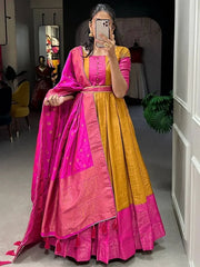 Prodigious Mustard Yellow Zari Weaving Silk Haldi Wear Gown With Belt