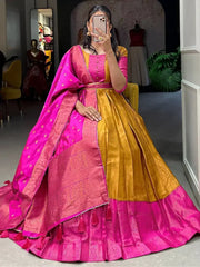 Prodigious Mustard Yellow Zari Weaving Silk Haldi Wear Gown With Belt